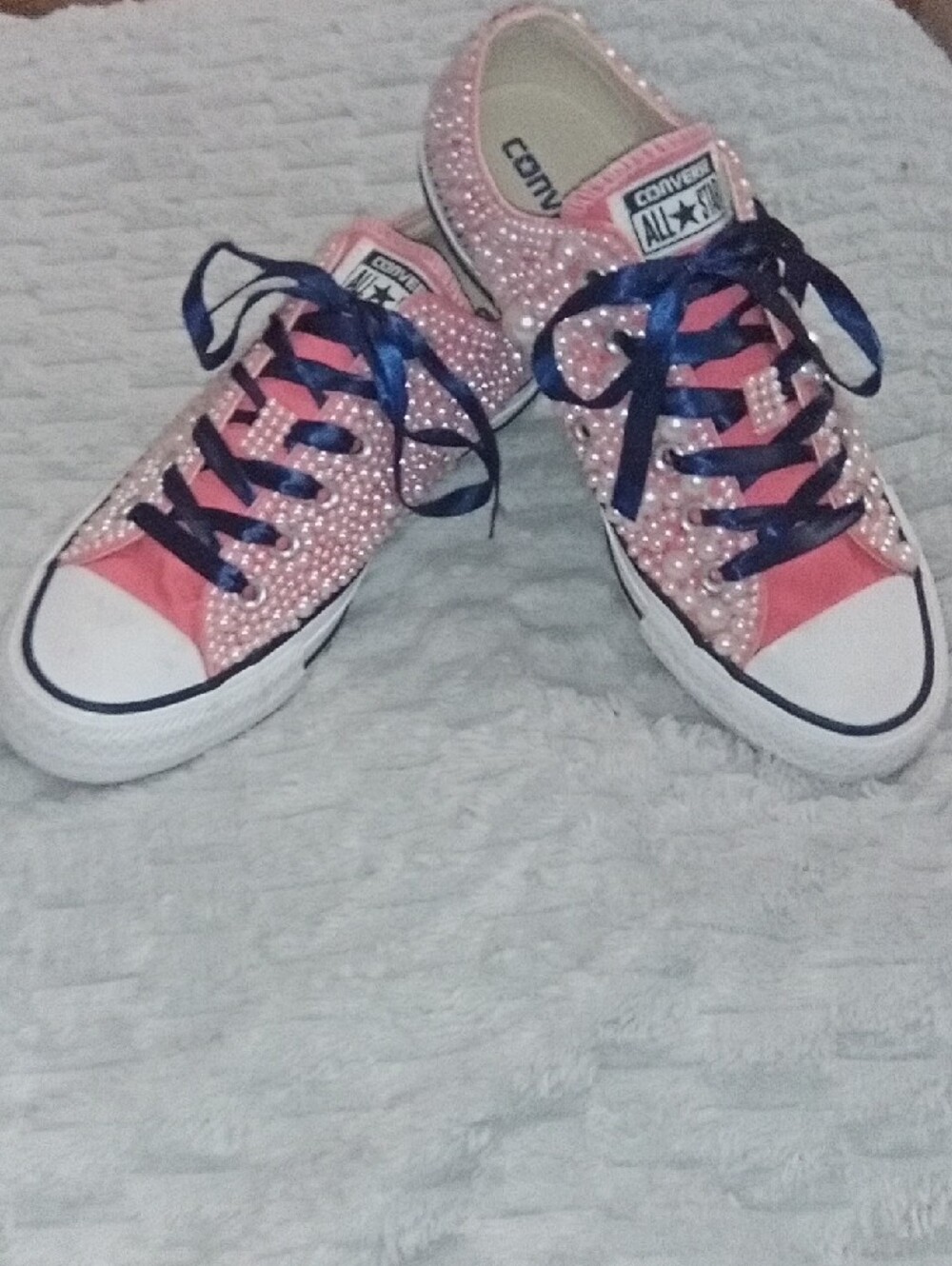 Converse Women Pink Crystal Low Top Sneakers with Navy Ribbon Laces - Picture 3 of 3
